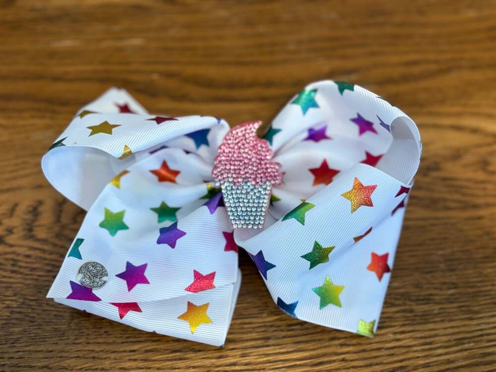 JoJo Siwa White Rainbow Stars Grosgrain Hair Bow with Rhinestone Cupcake Center